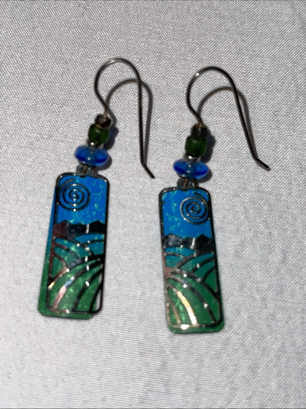 Adajio Green Valley & Blue Sky Enamel Dangle Earrings Boho Artisan